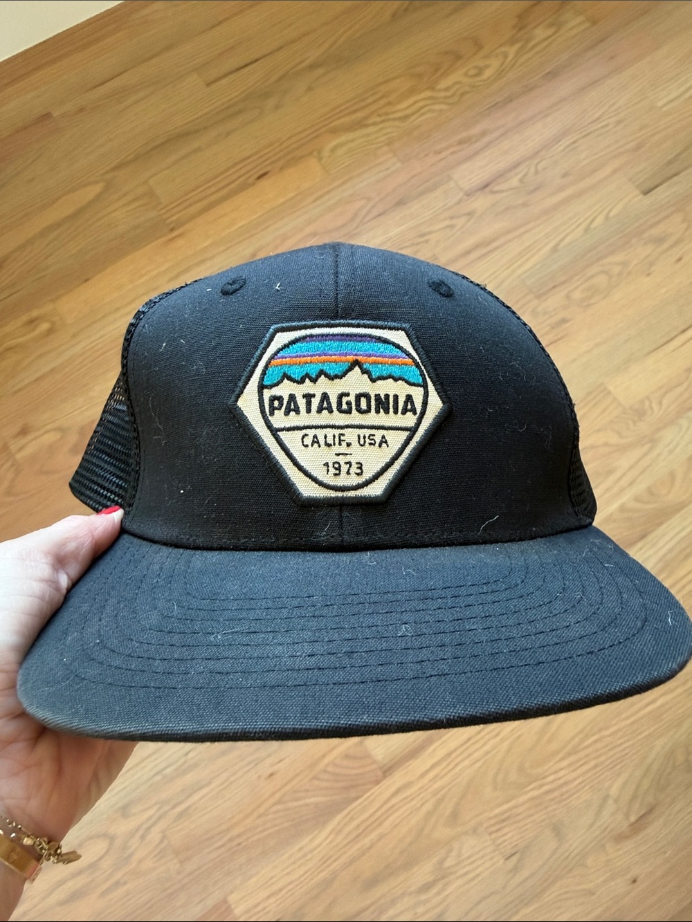 Patagonia California 1973 Logo Trucker Hat Black Mesh Snapback